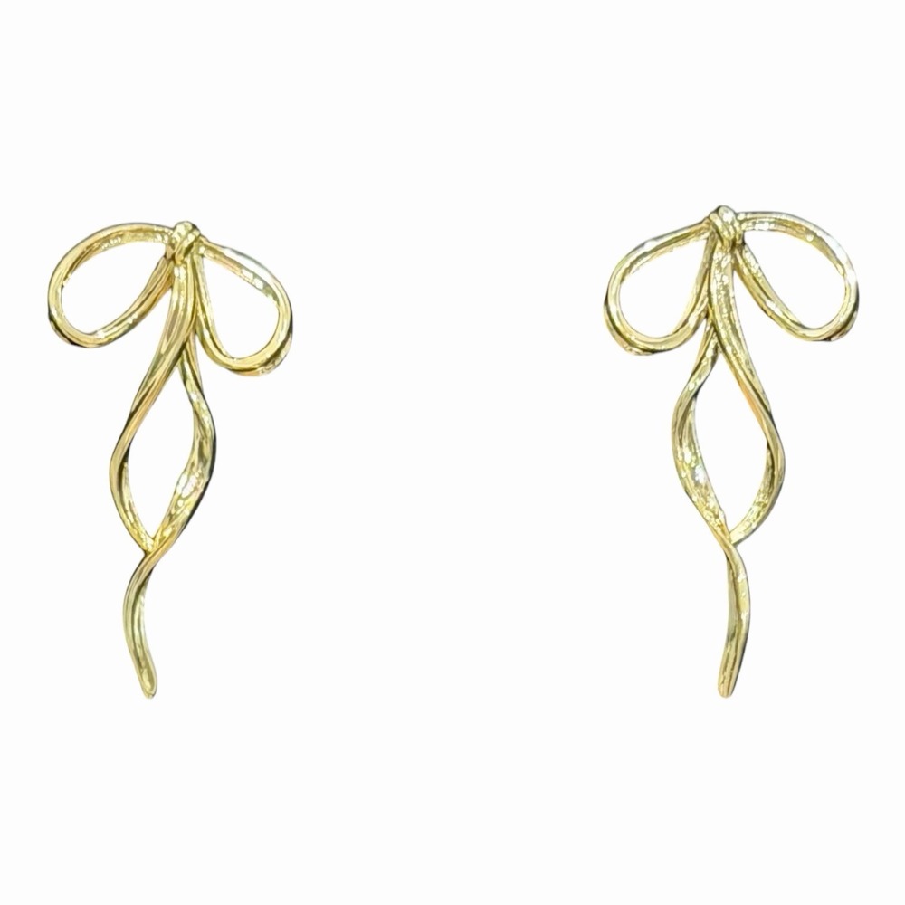 Savvy Bling Gold Tone Ribbon Bow Dangle Stud Earrings Elegant Minimalist